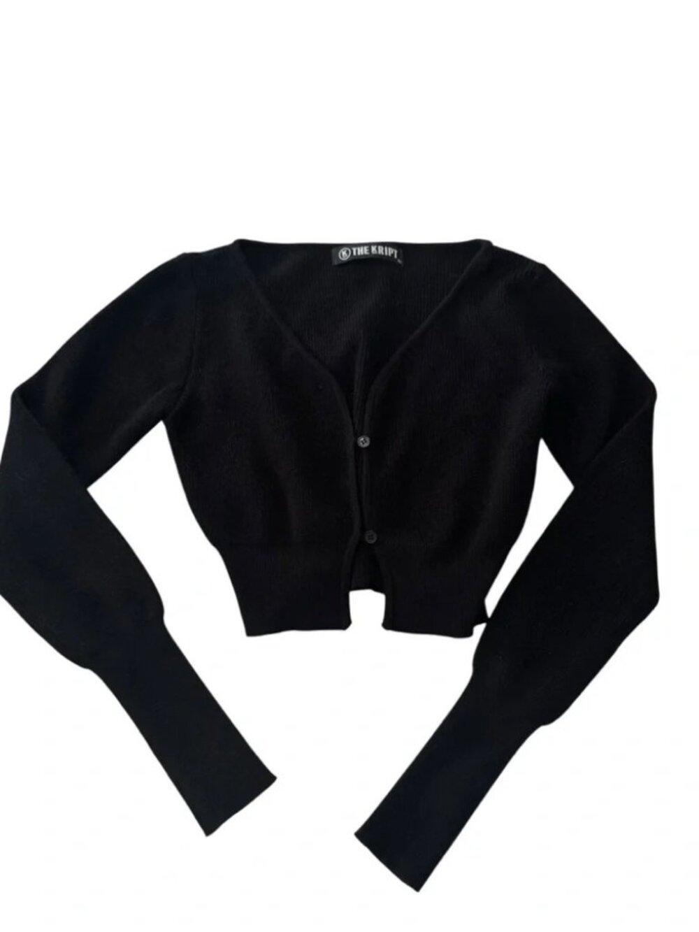 THE KRIPT Black Cropped Knit Sweater – Long Sleeve Ribbed Cardigan Top